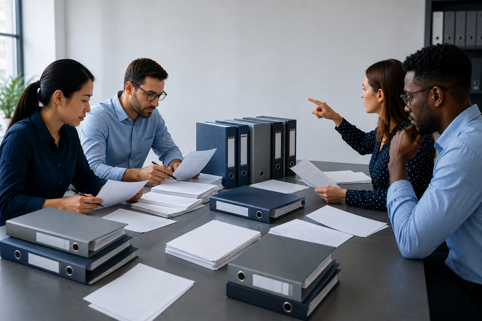 Quality team reviewing paper batch records